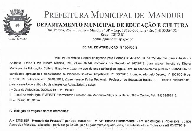 Atribuição de Aula da Rede Municipal de Ensino de Manduri