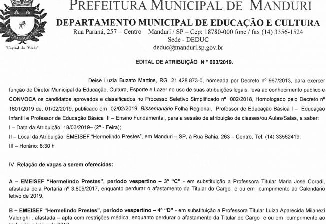 Atribuição de Aula da Rede Municipal de Ensino de Manduri