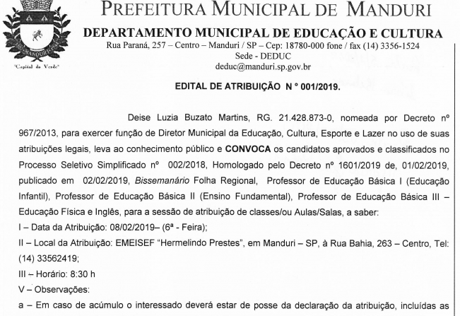 Atribuição de Aula da Rede Municipal de Ensino de Manduri